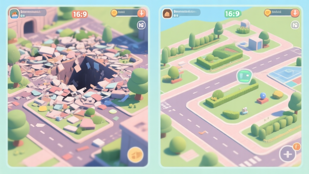 Ilustrasi kontras dua desain taman virtual game. Satu terlihat berantakan dan padat dengan jalan buntu, satunya teratur dengan jalur efisien dan area fungsional yang jelas. Gaya art game simulasi modern, warna soft pastel, komposisi bersih high quality illustration, detailed, 16:9