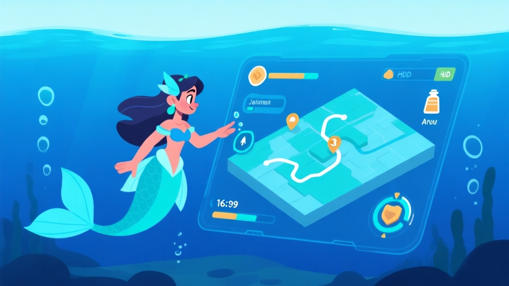 Ilustrasi konseptual seorang karakter game dengan ciri-ciri putri duyung (ekor ikan, elemen air) sedang berinteraksi dengan panel HUD bawah air yang menampilkan peta 3D, jalur arus, dan ikon sumber daya, gaya minimalis dengan warna biru laut dan cyan, desain bersih profesional high quality illustration, detailed, 16:9
