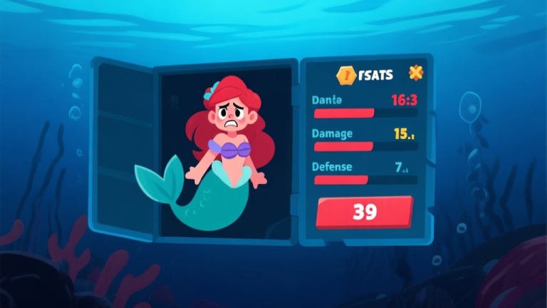 自动生成图片: Ilustrasi karakter putri duyung dalam game dengan stat panel yang terbuka di sebelahnya, menunjukkan angka-angka damage dan defense yang rendah, dengan ekspresi frustasi. Latar belakang bawah air yang gelap dan sendi, gaya art game mobile modern, warna biru tua dan aksen merah untuk stat negatif, komposisi minimalis namun ekspresif. high quality illustration, detailed, 16:9