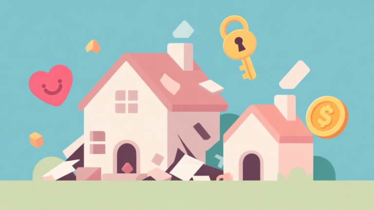 自动生成图片: Ilustrasi minimalis rumah peri yang berantakan dan rapi berdampingan, dengan ikon-ikon gameplay seperti hati (kebahagiaan), kunci (quest), dan koin (reward) melayang di sekitarnya. Skema warna pastel lembut, gaya clean dan geometris. high quality illustration, detailed, 16:9