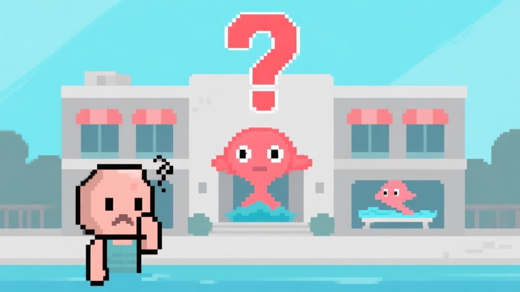 Ilustrasi minimalis dengan ikon karakter game pixel art yang sedang kebingungan di depan bangunan spa bertema putri duyung yang redup, dengan tanda tanya besar di atasnya, skema warna biru muda dan abu-abu, gaya clean vector high quality illustration, detailed, 16:9