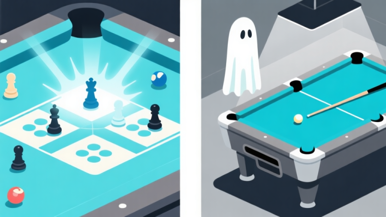 自动生成图片: Ilustrasi dua sisi kontras: satu sisi menunjukkan papan game abstrak dengan pion (seperti Ludo) dan companion kecil yang memancarkan area efek, sisi lain menunjukkan meja biliar minimalis dengan tongkat hantu yang memberikan garis panduan. Skema warna biru muda dan abu-abu, desain bersih, gaya infografis. high quality illustration, detailed, 16:9
