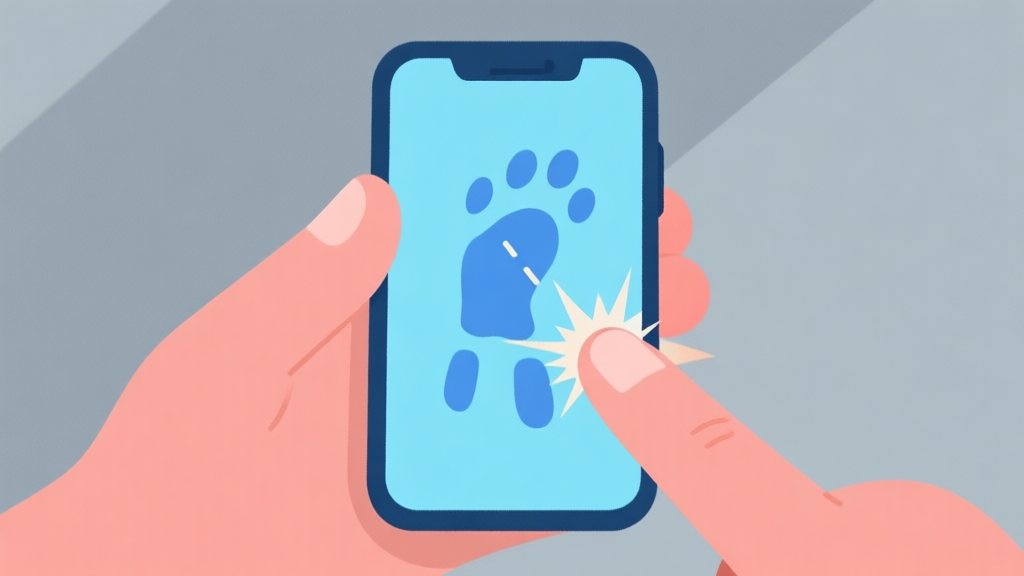 Ilustrasi minimalis tangan memegang ponsel dengan jari melakukan gerakan drag di layar, diikuti jejak garis dan titik ledakan kecil, skema warna biru muda dan abu-abu, gaya desain bersih, konsep game seluler high quality illustration, detailed, 16:9