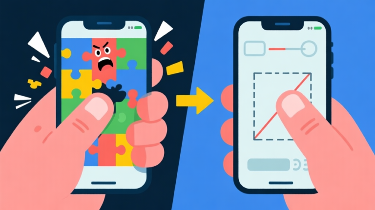 自动生成图片: Ilustrasi kontras dua gaya bermain game puzzle di ponsel: satu dengan jari bergerak cepat dan kacau penuh emosi, satunya dengan jari tenang dan pergerakan terencana, dengan panah dan diagram sederhana menunjukkan perbedaan hasil skor, gaya flat design minimalis high quality illustration, detailed, 16:9