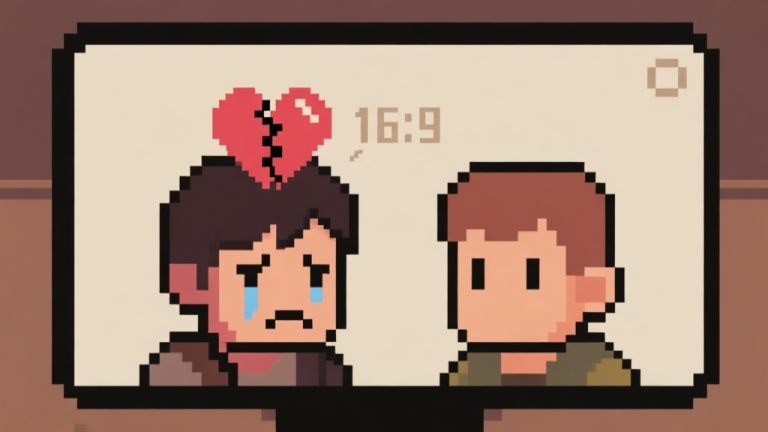 自动生成图片: Ilustrasi game pixel art dengan dua karakter avatar di layar dialog, satu karakter terlihat sedih dengan ikon hati retak di atasnya, latar belakang sederhana dengan palette warna earth tone, gaya minimalis high quality illustration, detailed, 16:9