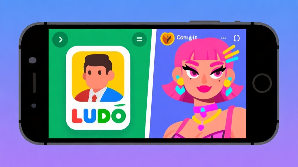 Ilustrasi layar ponsel dengan dua panel, kiri menunjukkan avatar game Ludo biasa, kanan menunjukkan avatar yang sudah dimodifikasi dengan gaya feminin dan aksesoris, desain flat dan warna-warna cerah namun tidak mencolok, gaya ilustrasi digital yang bersih high quality illustration, detailed, 16:9