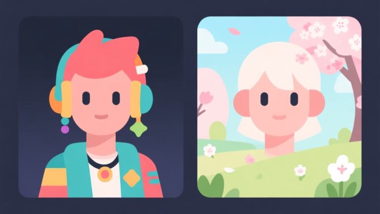 自动生成图片: Ilustrasi minimalis dua avatar game side-by-side, satu dengan kustomisasi warna dan aksesori acak, satu dengan tema musim semi yang harmonis dan terencana. Skema warna pastel lembut, desain clean, gaya flat design. high quality illustration, detailed, 16:9