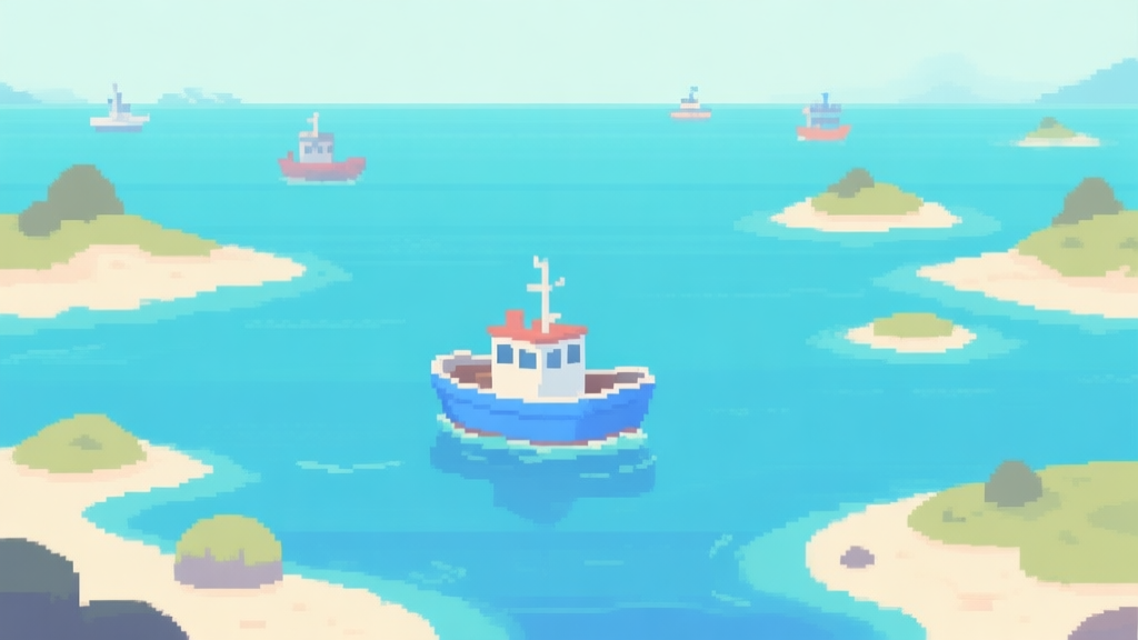 Ilustrasi minimalis kapal kecil berwarna biru muda di tengah lautan piksel yang luas, dikelilingi oleh pulau-pulau kecil abstrak, dengan beberapa kapal lain yang terlihat samar di kejauhan, gaya game 2D yang bersih dan sederhana high quality illustration, detailed, 16:9