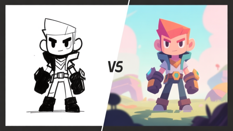 自动生成图片: Ilustrasi digital minimalis yang menunjukkan perbandingan sisi kiri gambar sketsa karakter game hitam putih dan sisi kanan yang sama dengan warna hidup dan atmosfer, menunjukkan transformasi oleh color artist, gaya seni konsep game, warna pastel lembut high quality illustration, detailed, 16:9