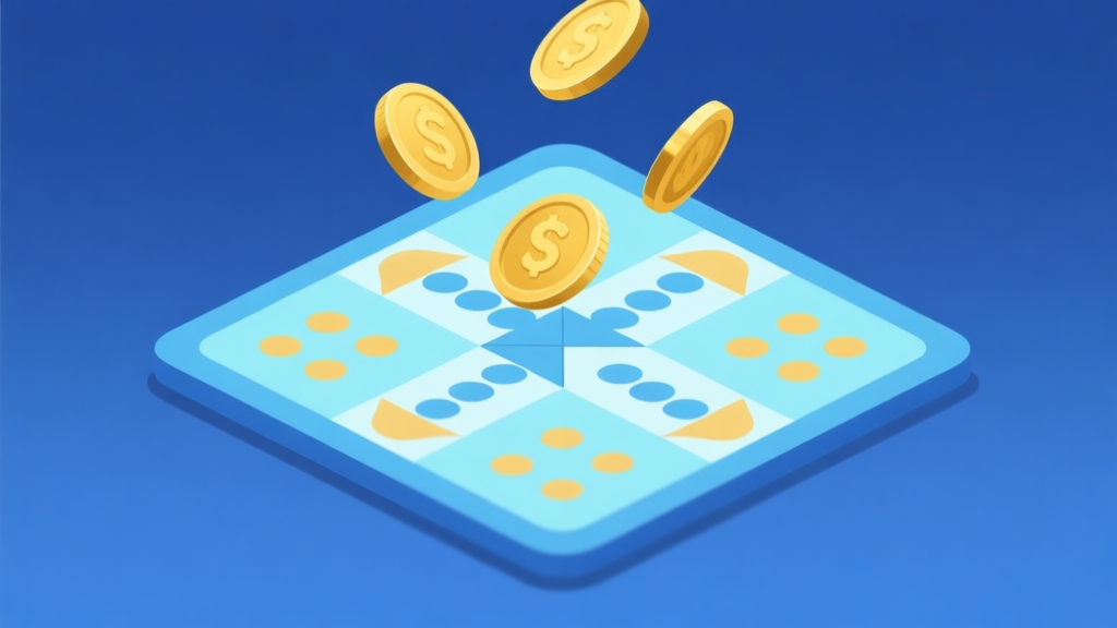 Ilustrasi minimalis papan permainan Ludo digital dengan koin emas melayang di atasnya, skema warna biru muda dan emas, desain bersih, gaya infografis modern high quality illustration, detailed, 16:9