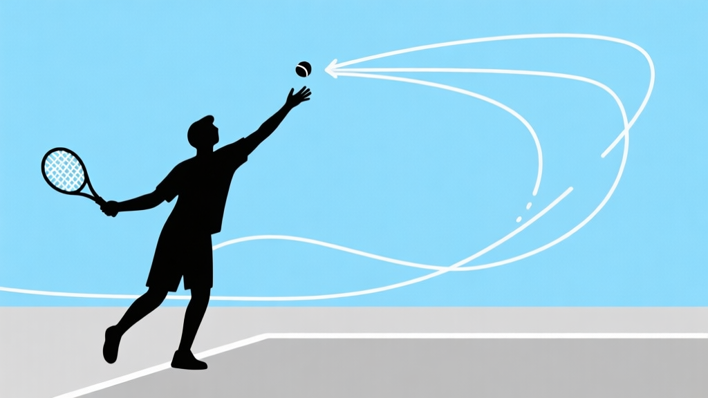 Ilustrasi minimalis seorang pemain tenis siluet sedang melakukan servis, dengan garis-garis arah bola yang abstrak, skema warna biru muda dan abu-abu, gaya clean vector, konsep permulaan dan arah high quality illustration, detailed, 16:9