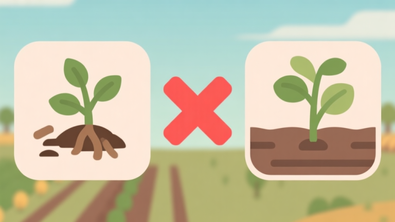 自动生成图片: Ilustrasi minimalis game farming simulator dengan ikon tanaman layu di satu sisi dan ikon tanaman subur di sisi lain, dipisahkan oleh tanda silang merah besar, skema warna pastel earth tone, desain clean dan flat high quality illustration, detailed, 16:9