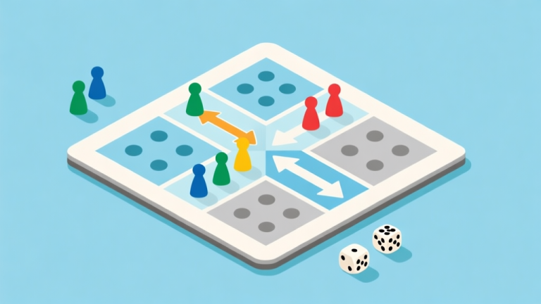 自动生成图片: Ilustrasi minimalis papan Ludo dengan bidak berwarna berbeda mendekati area 'home', panah melengkung menunjukkan lintasan dan perhitungan angka dadu, skema warna biru muda dan abu-abu, gaya desain bersih, konsep strategi board game high quality illustration, detailed, 16:9