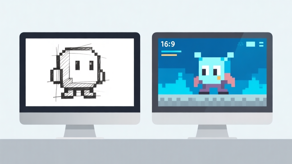 Ilustrasi minimalis dua layar komputer berdampingan. Satu layar menunjukkan sketsa pixel art kasar, layar lainnya menunjukkan sprite animasi yang halus dan berwarna. Skema warna biru muda dan abu-abu, desain bersih, gaya infografis digital. high quality illustration, detailed, 16:9