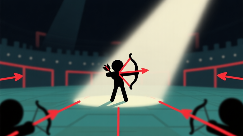 Ilustrasi minimalis karakter stickman archer di tengah arena, dikelilingi garis-garis merah yang melambangkan jalur panah musuh, latar belakang gelap dengan sorotan pada karakter utama, gaya game mobile sederhana high quality illustration, detailed, 16:9