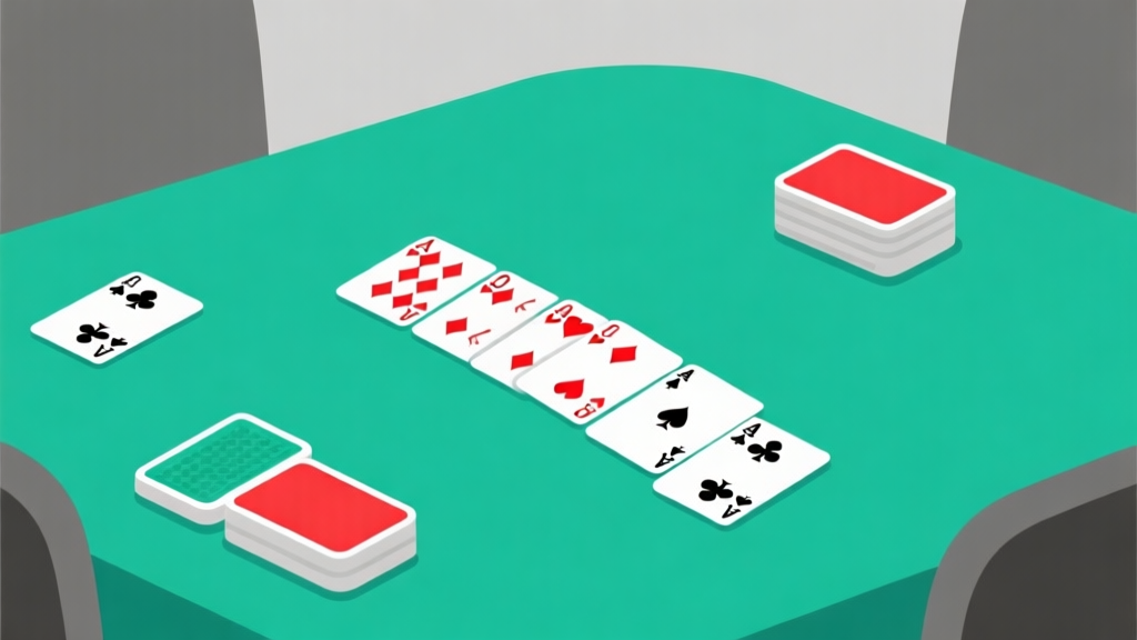 Ilustrasi kartu remi Rummy yang sedang diatur di atas meja hijau, dengan beberapa kartu disorot merah menandakan kesalahan, gaya flat design minimalis, warna dominan hijau toska dan abu-abu, nuansa profesional high quality illustration, detailed, 16:9