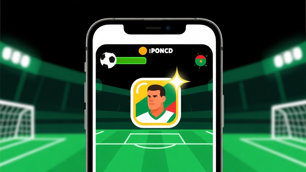 Ilustrasi minimalis layar ponsel dengan game sepak bola bergaya arcade, fokus pada ikon pemain legenda yang bersinar, latar belakang gelap dengan aksen warna hijau stadion, desain bersih dan dinamis high quality illustration, detailed, 16:9