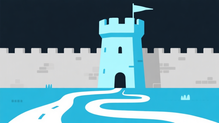 自动生成图片: Ilustrasi minimalis menara pertahanan sederhana (tower) dengan jalur berliku di depannya, skema warna biru muda dan abu-abu, desain bersih seperti papan strategi, konsep dasar tower defense high quality illustration, detailed, 16:9