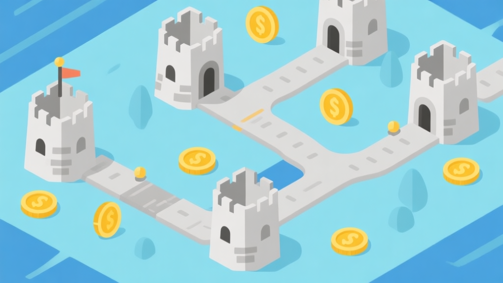 Ilustrasi minimalis game tower defense dengan jalur berliku, beberapa menara sederhana, dan ikon koin emas tersebar, skema warna biru muda dan abu-abu, gaya clean dan informatif high quality illustration, detailed, 16:9