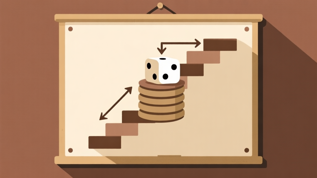 Ilustrasi papan ular tangga klasik dengan fokus pada dadu di tengah, ditumpuk dengan diagram panah yang menunjukkan jalur probabilitas, gaya flat design minimalis dengan warna-warna earth tone, nuansa cerdas dan strategis high quality illustration, detailed, 16:9