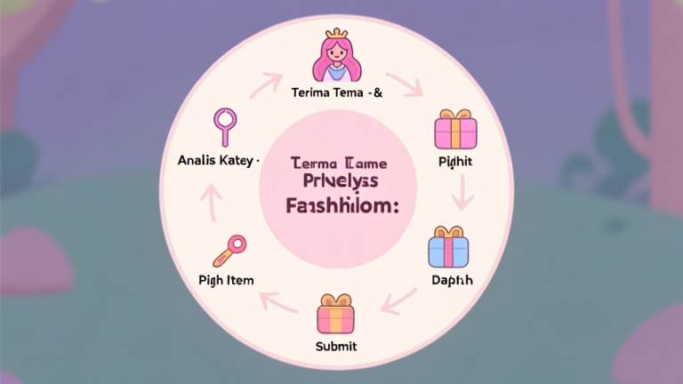 自动生成图片: Ilustrasi diagram sirkular sederhana yang menunjukkan loop game Princess Lovely Fashion: Terima Tema -> Analisis Kata Kunci -> Pilih Item -> Submit -> Dapat Hadiah. Gaya minimalis, warna pastel lembut, ikon kecil untuk setiap tahap. high quality illustration, detailed, 16:9