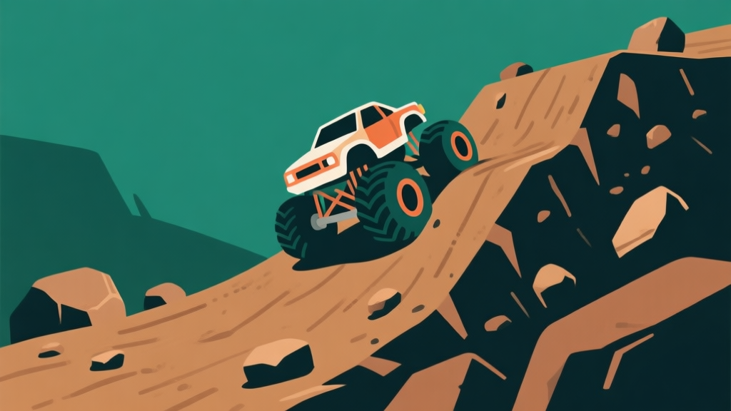 Ilustrasi minimalis game monster truck dengan medan berbatu dan tanjakan curam, warna tanah coklat dan hijau gelap, gaya clean vector, fokus pada trek yang menantang high quality illustration, detailed, 16:9
