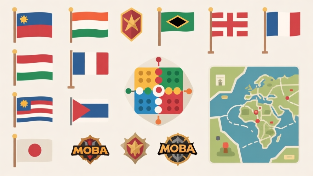 Ilustrasi minimalis berbagai jenis bendera dan penanda (flag) dari berbagai genre game seperti papan Ludo, arena MOBA, dan peta strategi, disusun rapi dengan warna netral dan garis-garis bersih, gaya infografis yang sederhana dan informatif high quality illustration, detailed, 16:9