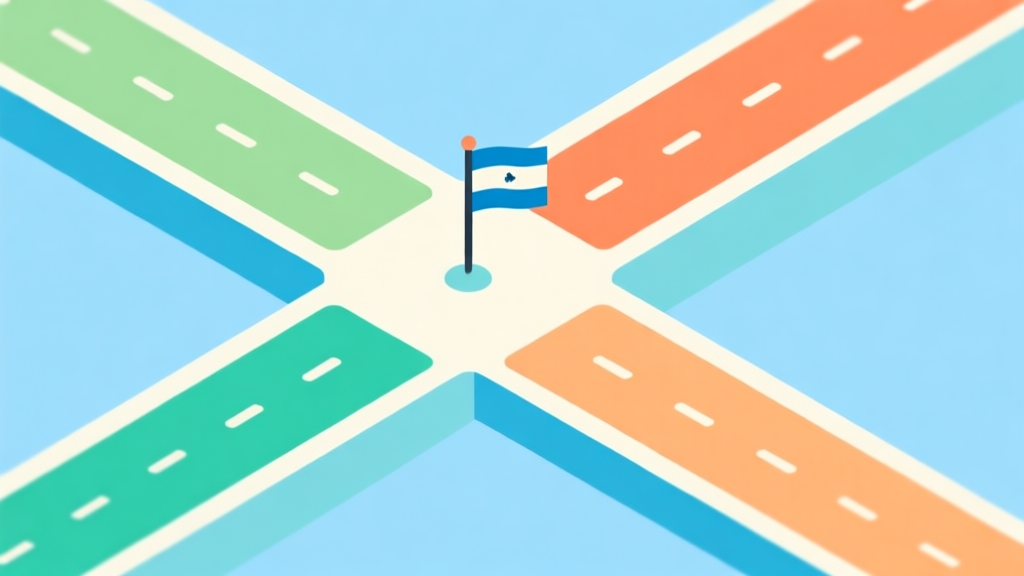 Ilustrasi minimalis papan permainan abstrak dengan empat jalur berwarna berbeda menuju ikon bendera di tengah, desain flat dengan palet warna biru muda, hijau muda, dan oranye lembut, gaya infografis yang bersih high quality illustration, detailed, 16:9