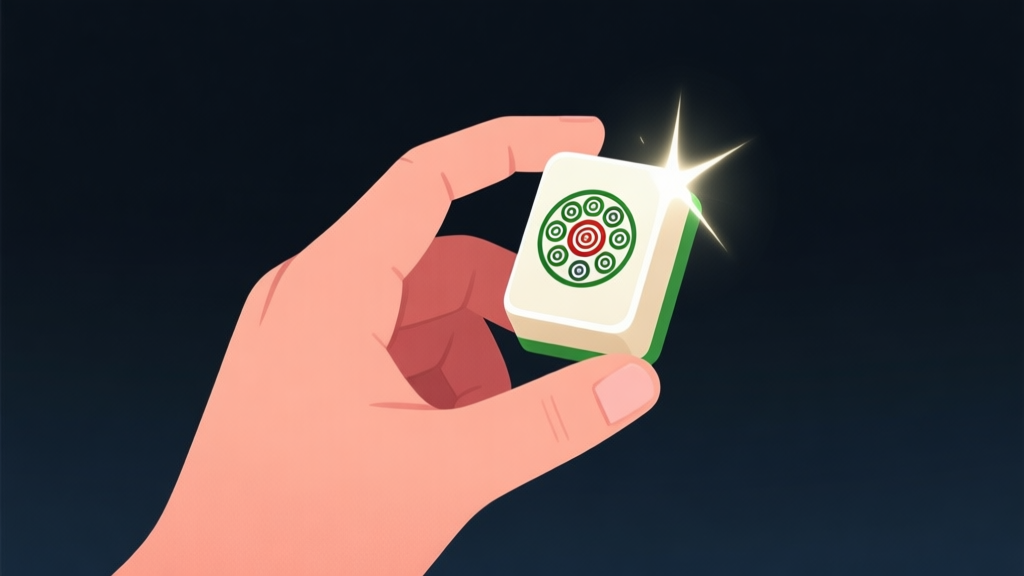 Ilustrasi digital minimalis dari tangan yang memegang ubin Mahjong dengan simbol yang bersinar, di atas latar belakang gelap yang elegan, fokus pada detail ubin dan koneksi cahaya antar simbol, gaya seni konsep game high quality illustration, detailed, 16:9