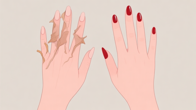 自动生成图片: Ilustrasi minimalis dua tangan dengan kuku yang kontras, satu tangan dengan manicure berantakan (cat tidak rata, kutikula kering), dan satu tangan dengan manicure sempurna yang halus dan mengilap, latar belakang netral lembut, gaya garis bersih, komposisi simetris high quality illustration, detailed, 16:9