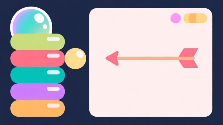 自动生成图片: Ilustrasi minimalis game bubble shooter dengan gelembung warna-warni bertumpuk di satu sisi, dan sisi lainnya bersih dengan panah strategi, skema warna pastel lembut, desain bersih dan datar, gaya infografis high quality illustration, detailed, 16:9