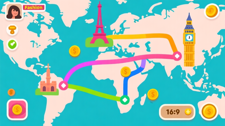 自动生成图片: Ilustrasi peta game Fashion Odyssey dengan rute berwarna-warni menghubungkan ikon landmark negara seperti Menara Eiffel dan Big Ben, gaya flat design yang bersih, palet warna pastel, elemen game seperti ikon stamina dan koin tersebar high quality illustration, detailed, 16:9