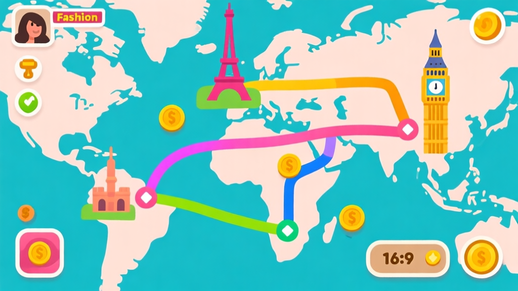 Ilustrasi peta game Fashion Odyssey dengan rute berwarna-warni menghubungkan ikon landmark negara seperti Menara Eiffel dan Big Ben, gaya flat design yang bersih, palet warna pastel, elemen game seperti ikon stamina dan koin tersebar high quality illustration, detailed, 16:9