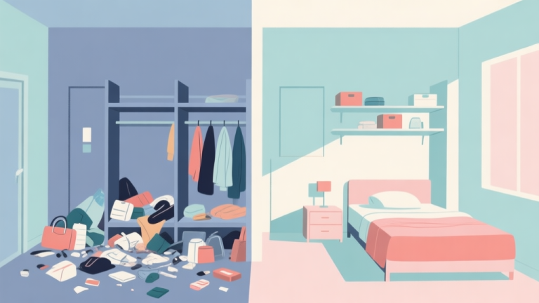 自动生成图片: Ilustrasi sederhana dua kamar kos yang kontras, satu berantakan dan sumpek dengan barang berserakan, satu rapi dan terang dengan tata letak minimalis, skema warna pastel lembut, gaya desain bersih dan modern high quality illustration, detailed, 16:9