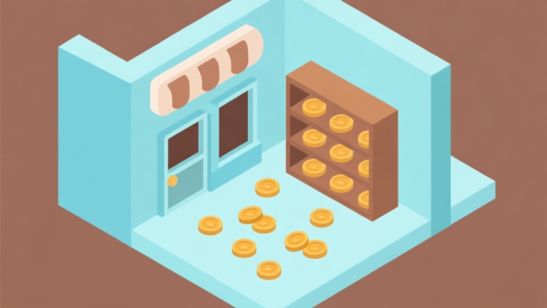 自动生成图片: Ilustrasi minimalis toko kecil dengan satu rak dan koin berserakan, skema warna pastel biru muda dan coklat, desain bersih, gaya infografis game high quality illustration, detailed, 16:9