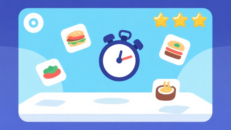 自动生成图片: Ilustrasi minimalis dashboard game memasak dengan beberapa ikon pesanan melayang, timer yang menegangkan, dan tiga bintang berkilau di latar belakang. Skema warna pastel biru dan putih, desain bersih, gaya infografis modern. high quality illustration, detailed, 16:9