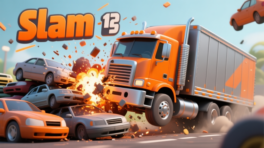 Ilustrasi gaya game Truck Slam yang menunjukkan truk besar sedang melakukan 'slam' atau tabrakan spektakuler ke tumpukan kendaraan lain, dengan partikel efek ledakan dan angka skor besar melayang, warna dominan oranye dan abu-abu metalik, desain 3D kartun yang dinamis high quality illustration, detailed, 16:9