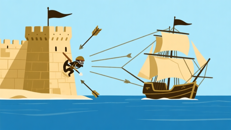 自动生成图片: Ilustrasi konseptual minimalis tentang pertahanan benteng melawan kapal bajak laut, dengan garis-garis strategis dan panah arah serangan, skema warna biru laut dan emas tua, gaya desain bersih dan profesional high quality illustration, detailed, 16:9