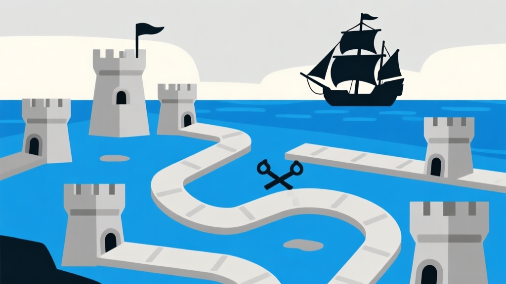 Ilustrasi minimalis game tower defense dengan jalur berliku, beberapa menara sederhana, dan siluet kapal bajak laut di kejauhan, skema warna biru laut dan abu-abu, gaya clean vector high quality illustration, detailed, 16:9