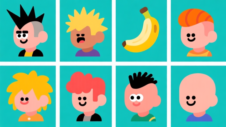 自动生成图片: Ilustrasi karakter game kartun dengan berbagai gaya rambut lucu dan aneh, seperti mohawk, rambut pisang, dan kepala botak bergambar, ditampilkan dalam grid, gaya flat design minimalis dengan warna-warna cerah namun tidak terlalu mencolok high quality illustration, detailed, 16:9