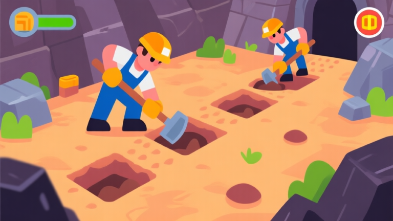 自动生成图片: Ilustrasi karakter game sedang menggali di tambang dengan pola gerakan berulang, menunjukkan lintasan yang efisien vs tidak efisien, gaya grafis game mobile yang cerah dan bersih high quality illustration, detailed, 16:9