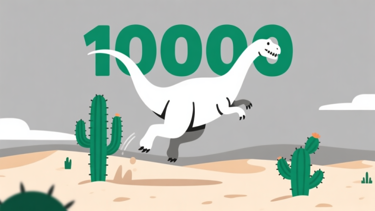 自动生成图片: Ilustrasi vektor minimalis dinosaurus Chrome melompati kaktus di padang pasir dengan skor 10000 terpampang jelas, warna dominan abu-abu, putih, dan aksen hijau, gaya flat design yang bersih high quality illustration, detailed, 16:9
