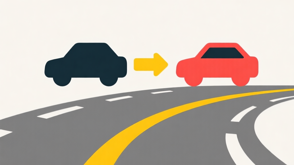 Ilustrasi minimalis dengan dua ikon mobil sederhana berwarna gelap dan merah di atas jalur abstrak berwarna abu-abu, dengan panah melengkung berwarna kuning di antara mereka, latar belakang polos, gaya infografis yang bersih high quality illustration, detailed, 16:9