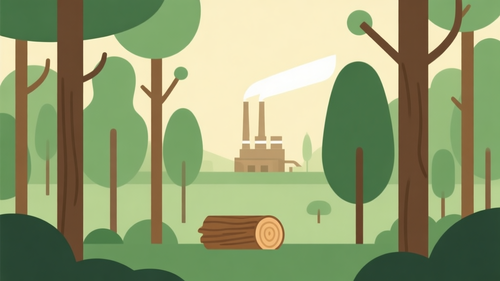 Ilustrasi minimalis dari hutan dengan pohon sederhana dan pabrik kayu kecil di kejauhan, skema warna hijau dan coklat muda, desain bersih, gaya infografis bisnis high quality illustration, detailed, 16:9