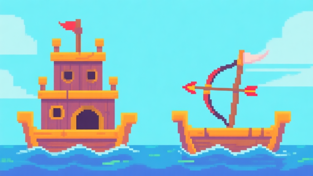 Ilustrasi gaya game piksel sederhana menunjukkan dua rakit di laut, satu dengan pertahanan bertingkat dan panah yang melengkung mengenai sasaran, warna cerah tapi tidak terlalu tajam, desain clean dan fun high quality illustration, detailed, 16:9