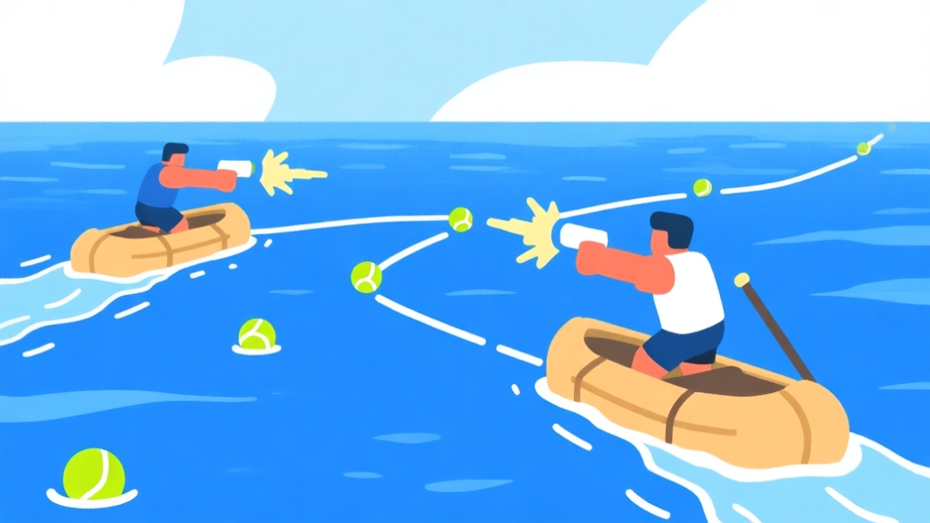 Ilustrasi gaya game Raft Wars yang minimalis, menunjukkan dua rakit di lautan dengan garis lintasan bola tenis yang berbeda-beda, skema warna biru dan putih yang bersih, fokus pada sudut dan kekuatan tembakan high quality illustration, detailed, 16:9