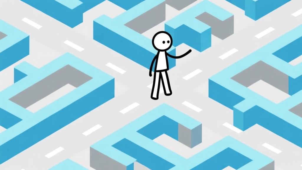 Ilustrasi minimalis karakter stickman di persimpangan labirin dengan beberapa jalur, skema warna biru muda dan abu-abu, desain garis bersih, gaya infografis puzzle high quality illustration, detailed, 16:9