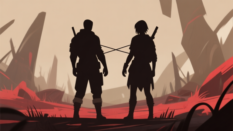 自动生成图片: Ilustrasi dua karakter siluet dengan garis koneksi yang kuat di antaranya, berdiri back-to-back menghadapi lingkungan survival yang abstrak dan penuh tantangan, skema warna earth tone dengan aksen merah lemah, gaya minimalis game concept art high quality illustration, detailed, 16:9