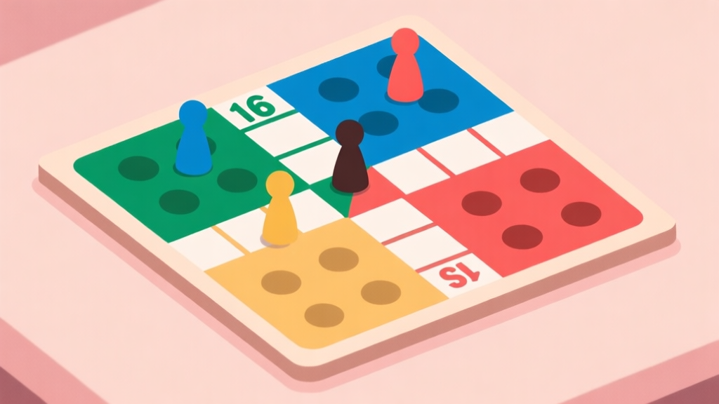 Ilustrasi papan Ludo dengan empat bidak warna berbeda berada di posisi berisiko dekat bidak lawan, gaya flat design minimalis, warna pastel soft, fokus pada strategi dan posisi high quality illustration, detailed, 16:9