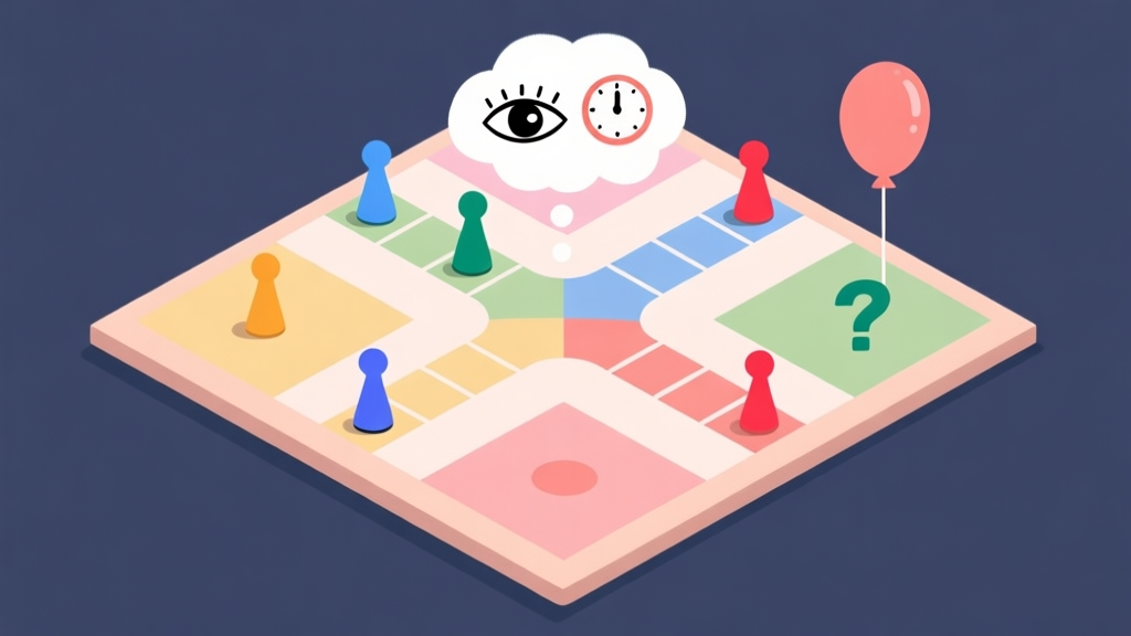 Ilustrasi papan permainan Ludo dilihat dari sudut pandang atas, dengan empat pion warna berbeda tersebar di jalur. Terdapat balon pikiran di atas papan yang berisi simbol-simbol psikologi seperti mata, jam, dan tanda tanya. Gaya minimalis, warna pastel soft, nuansa strategis dan analitis. high quality illustration, detailed, 16:9